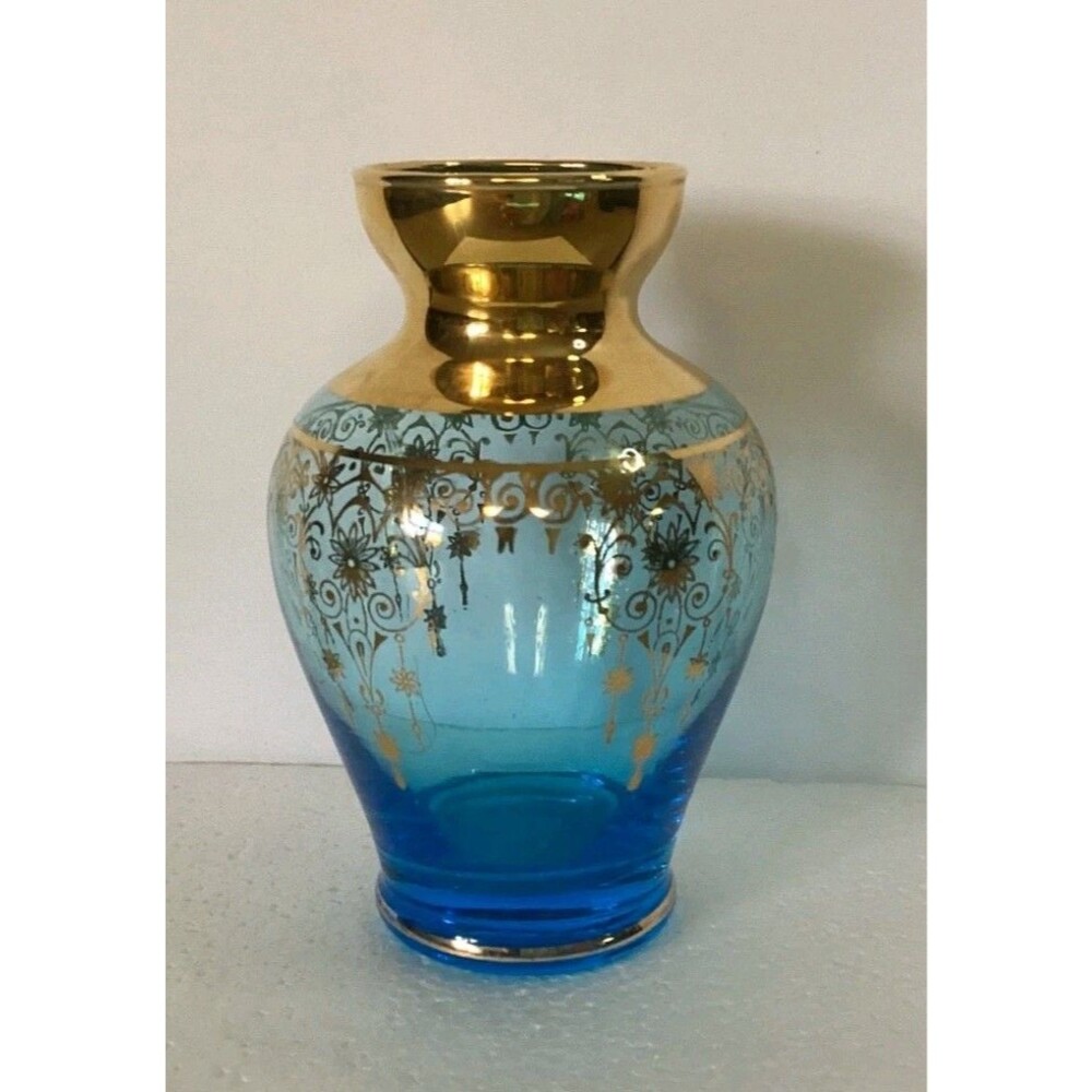 Vintage Blue Glass Vase Gold Band & Gold Designs 4.5"